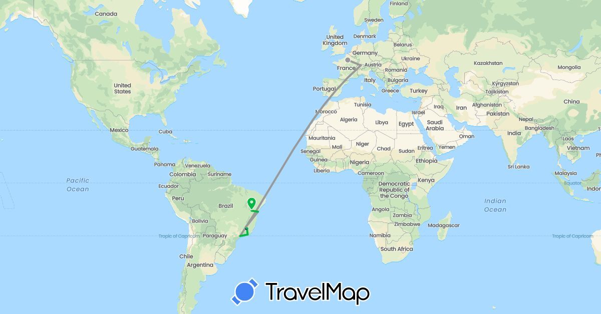 TravelMap itinerary: driving, bus, plane in Brazil, Switzerland, France (Europe, South America)
