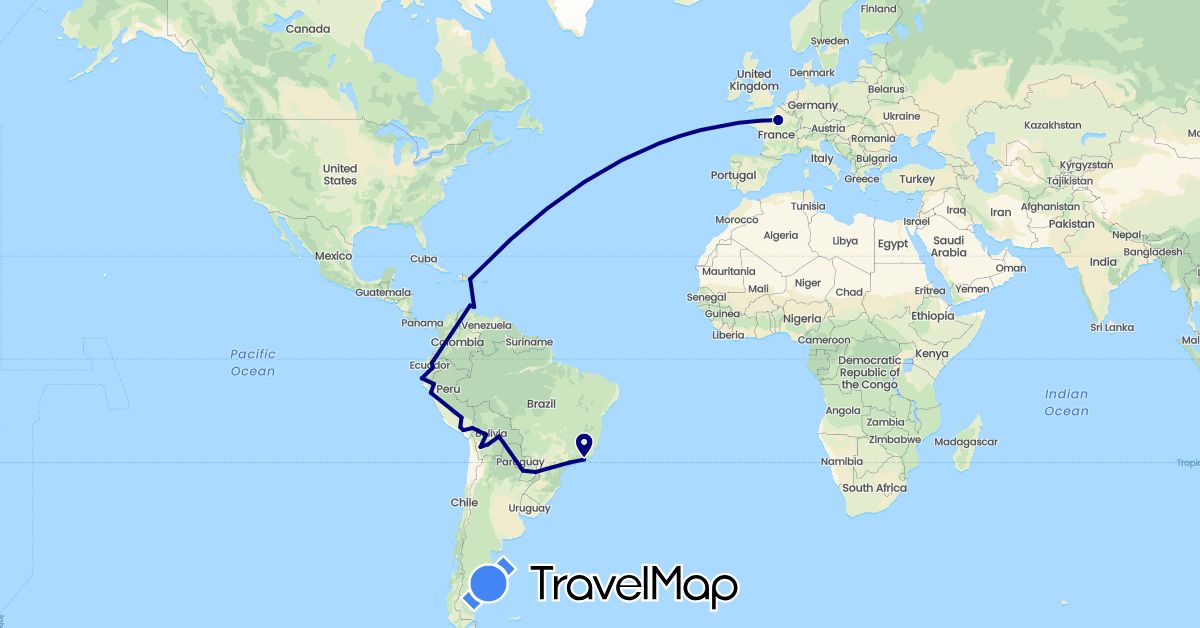 TravelMap itinerary: driving in Aruba, Bolivia, Brazil, Curaçao, Dominican Republic, Ecuador, France, Peru, Paraguay (Europe, North America, South America)