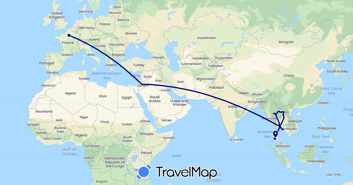 TravelMap itinerary: driving in France, Jordan, Laos, Thailand (Asia, Europe)