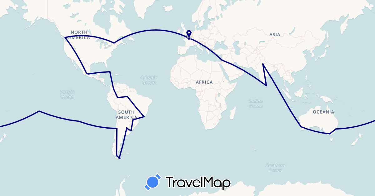 TravelMap itinerary: driving in Argentina, Australia, Brazil, Canada, Chile, Colombia, Cuba, France, India, Jordan, Sri Lanka, Mexico, French Polynesia, Uruguay (Asia, Europe, North America, Oceania, South America)
