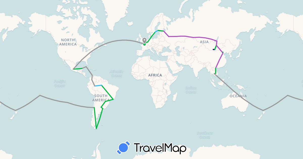 TravelMap itinerary: driving, bus, plane, train, boat in Argentina, Belgium, Brazil, Chile, China, Colombia, Cuba, Germany, Denmark, Finland, France, Cambodia, Laos, Mongolia, Mexico, New Zealand, French Polynesia, Russia, Sweden, Vietnam (Asia, Europe, North America, Oceania, South America)