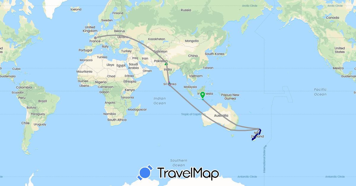 TravelMap itinerary: driving, bus, plane, train, boat, motorbike in Australia, France, Indonesia, India, Sri Lanka, New Zealand, Ukraine (Asia, Europe, Oceania)